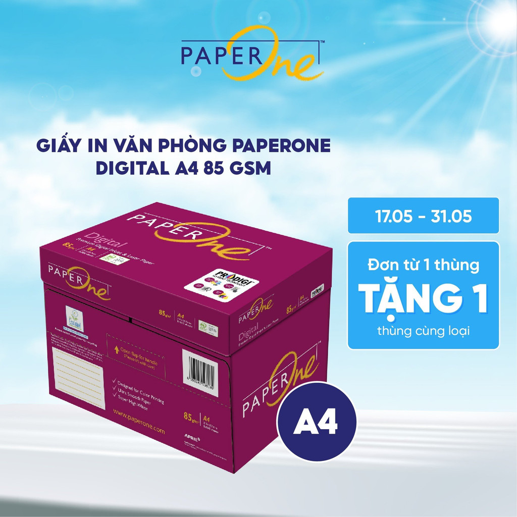 Thùng 5 ream giấy in A4 PaperOne Digital 85 gsm - Giấy in định lượng cao cho máy in laser, in phun