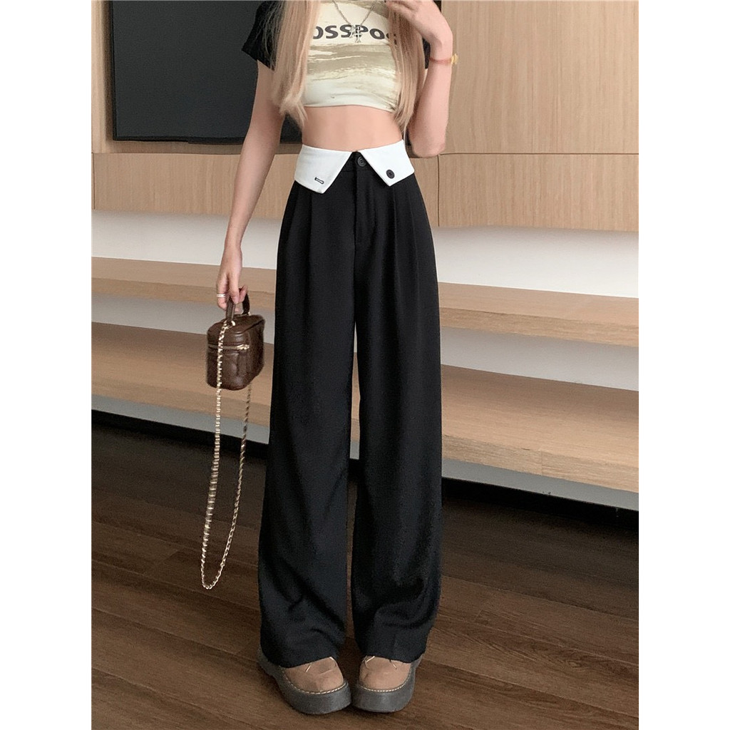 Quần nữ ống rộng lai trắng phối cúc, Quần tây Culottes nữ cạp cao suông rộng phong cách Hàn Quốc Okélla