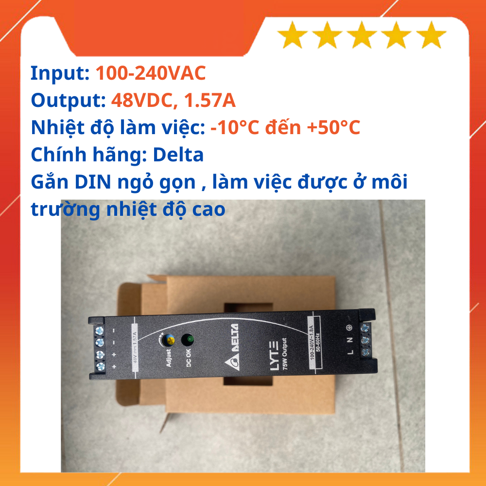 Nguồn 48V 1.57A một chiều hãng Delta ( Lắp được thanh DIN, nhiệt độ làm việc cao )