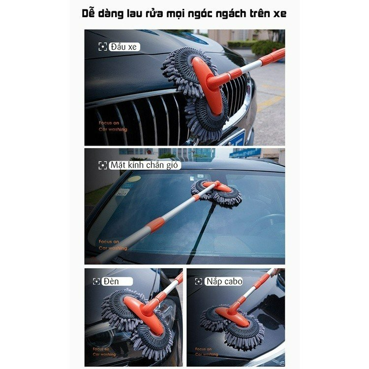 Chổi Lau Rửa Xe Ô Tô 2 Đầu Chổi Xoay 360 Độ - 3 Nấc Có Thể Kéo Dài Tiện Lợi Thông Minh, Chất Lượng Bền Đẹp Và Chắc Chắn