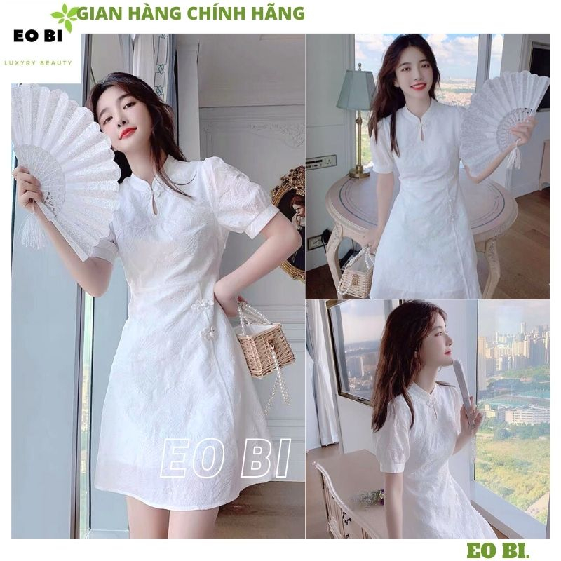 Đầm sườn xám gấm xốp nổi cách tân tôn dáng sang trọng, Váy tiểu thư cổ tàu giọt lệ dáng suông ôm phối viền ngực - EOBI