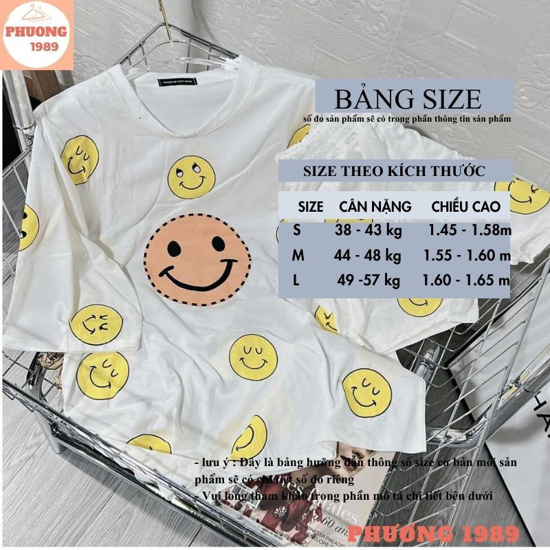 Set bộ thun nữ mặt cười hình tràn form rộng siêu cute, Áo thun tay lỡ kèm quần sooc thoải mái họa tiết trẻ trung - 1989