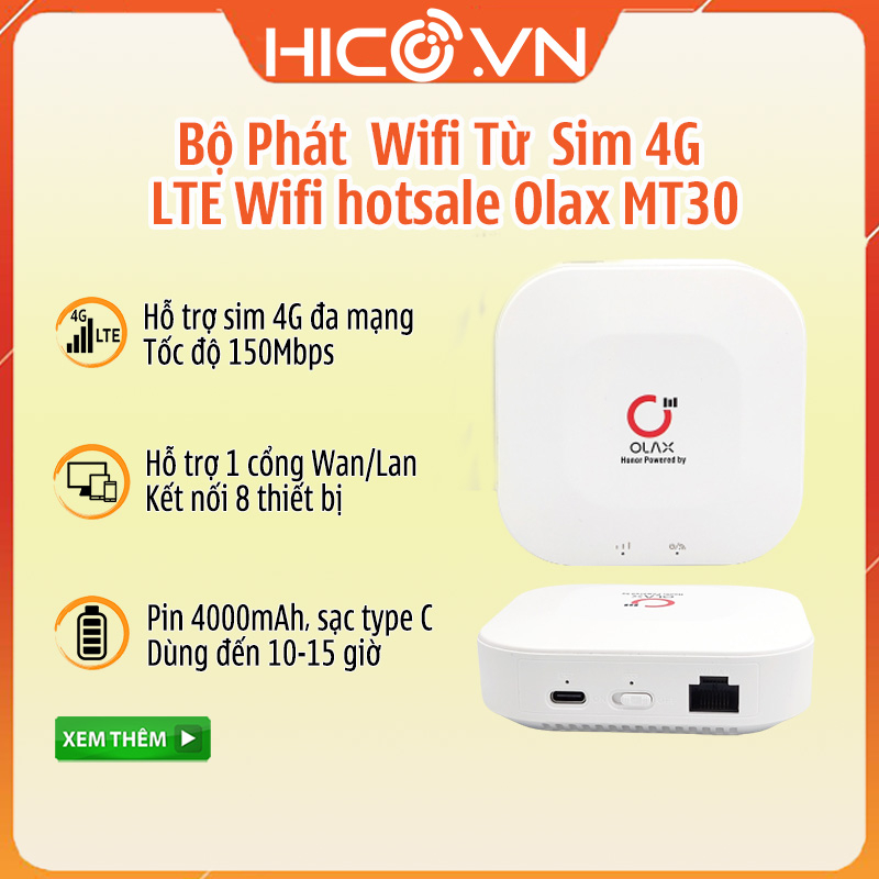 Bộ Phát Wifi Cầm Tay Từ Sim 4G LTE Wifi Hotsale Olax MT30 có Hỗ Trợ 1 cổng WAN/LAN, Pin 4000mAh, Chân sạc Type C