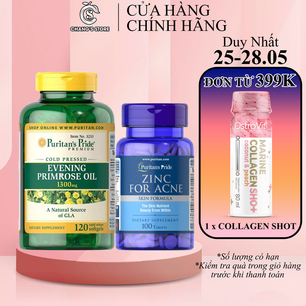 Combo Ngừa Mụn Nội Tiết ZINC FOR ACNE 100 Viên & EVENING PRIMROSE OIL 1000mg - 120 viên Puritan's Pride