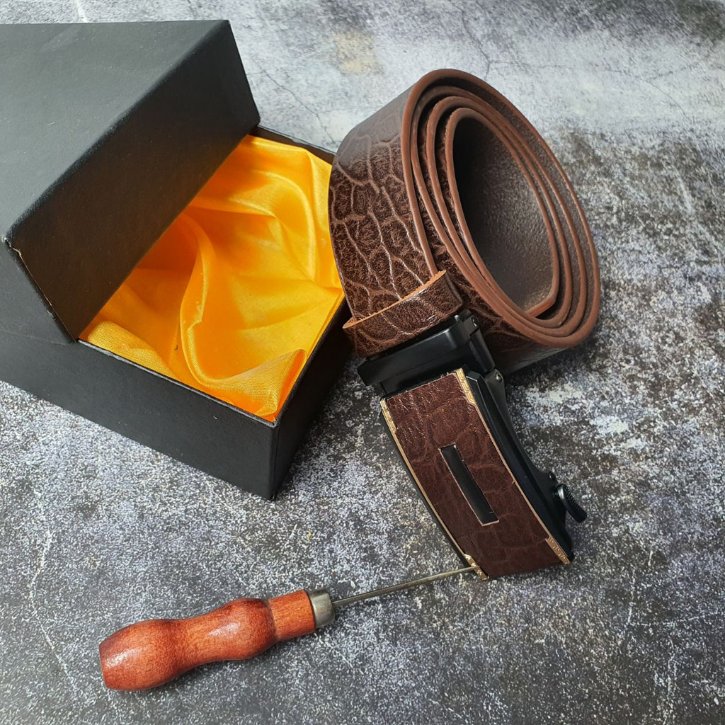 Thắt lưng nam da bò thật nguyên tấm vân voi khóa tự động 34mm BL121LEA  - 100% da bò thật, BH 3 năm