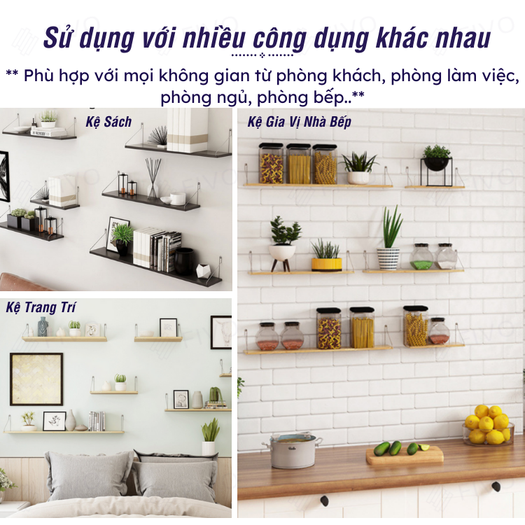 Kệ Gỗ Treo Tường Trang Trí Decord Thương Hiệu FIVO FB40 Không Cần Khoan Với Móc Treo Inox Dễ Dàng Gắn Lên Tường