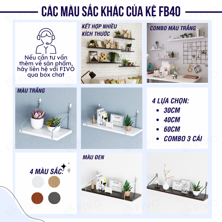 Kệ Gỗ Treo Tường Trang Trí Decord Thương Hiệu FIVO FB40 Không Cần Khoan Với Móc Treo Inox Dễ Dàng Gắn Lên Tường