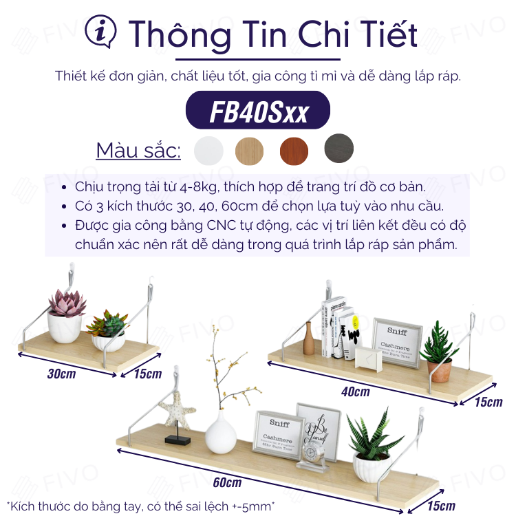 Kệ Treo Tường Trang Trí Không Cần Khoan FIVO FB40, Tặng Kèm Đinh Và Móc Treo Inox Dễ Dàng Gắn Lên Tường