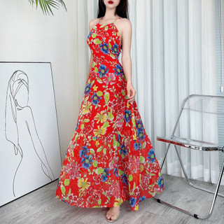 Đầm maxi yếm hoa hở lưng dây đan MIMIX DA4200