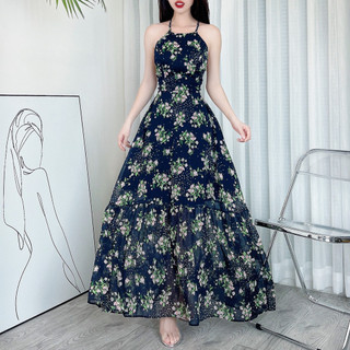 Đầm maxi yếm hoa hở lưng dây đan MIMIX DA4200