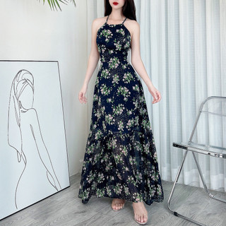 Đầm maxi yếm hoa hở lưng dây đan MIMIX DA4200