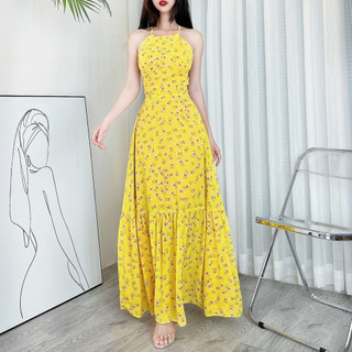 Đầm maxi yếm hoa hở lưng dây đan MIMIX DA4200