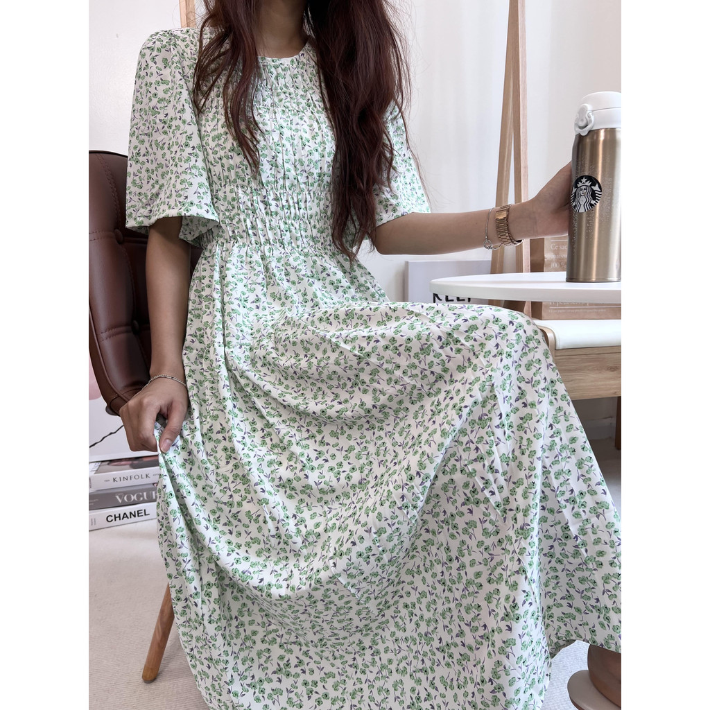 #1107 Đầm midi hoa nhí cổ tròn bo chun ngực xuất xứ Hàn Quốc/ Made in Korea