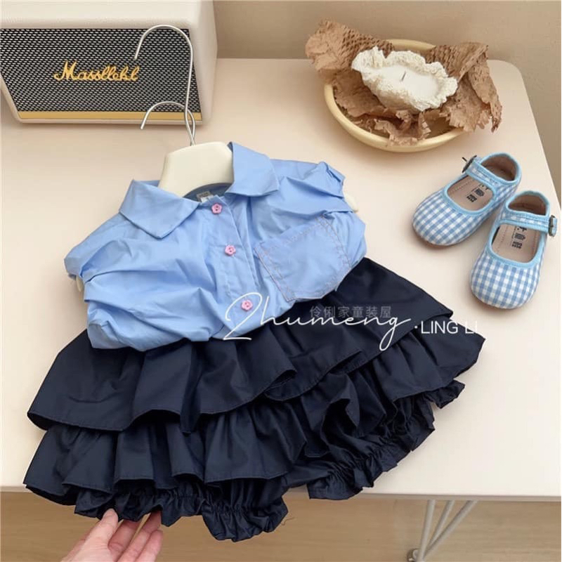 Set Sơ Mi Xanh Phối Quần Bèo Giả Váy Cho Bé Gái Hàng QC
