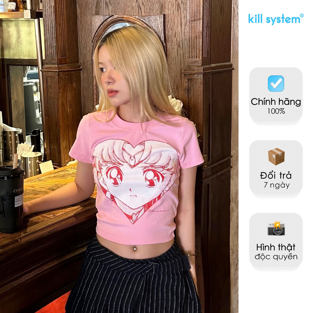 Áo thun KillSystem form baby tee in hình Love Pink màu hồng chất thun co giãn