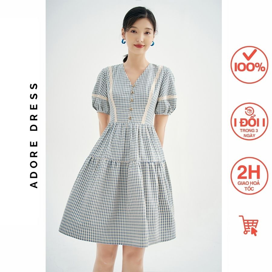 Đầm Mini dresses casual style thô karo blue phối ren 311DR1057 ADORE DRESS