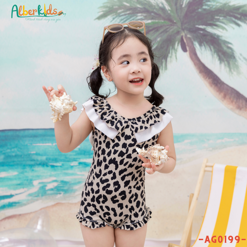 Bộ đồ bơi ALBERKIDS da báo bé gái phối nơ xinh đẹp cho trẻ em 2,3,4,5,6,7,8,9,10 tuổi [AG0199]