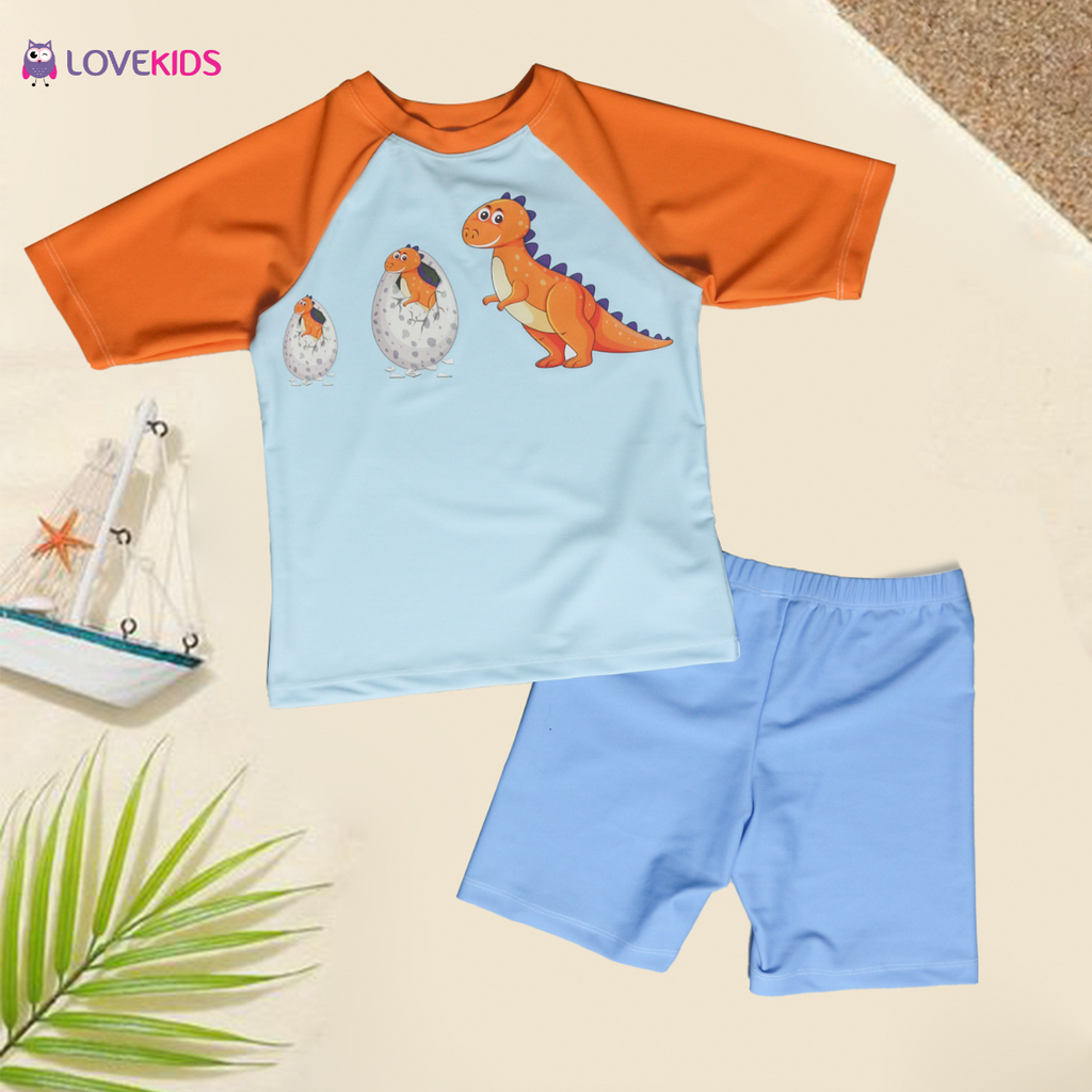 Bộ bơi bé trai Lovekids tay lỡ cho bé 17-40kg hình khủng long, chất bền đẹp, co giãn tốt, chống nắng cho bé