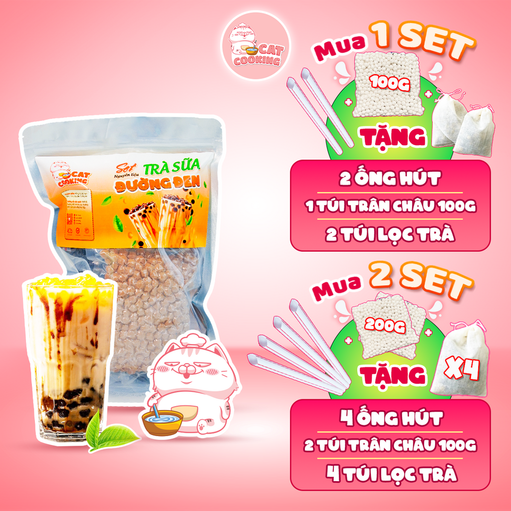 Set nguyên liệu pha trà sữa Trân Châu Đường Đen thành phẩm 30 35 ly - CAT COOKING
