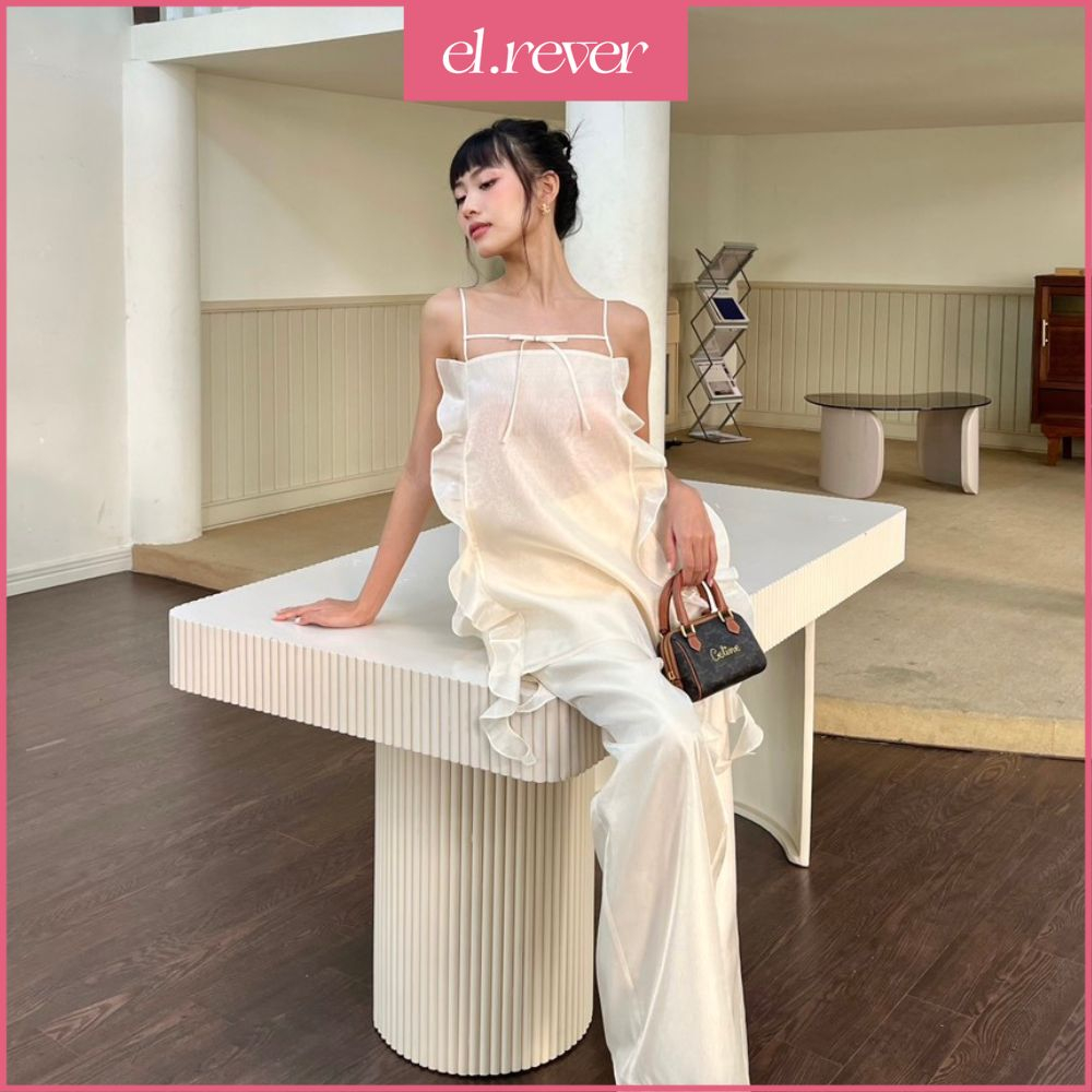 ELRÊVER - Set áo dây kiểu và quần suông lưng cao - Màu kem - 0423S46