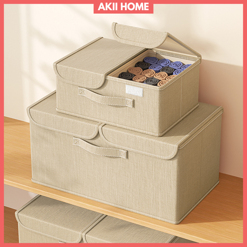 Hộp vải đựng đồ đa năng 2 ngăn có nắp, khung hộp, tấm lót đáy gỗ MDF cứng cáp cao cấp Akii Home TD72