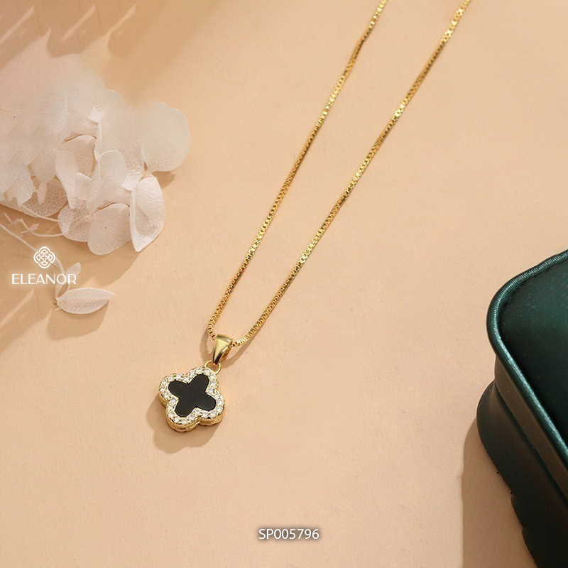 Dây chuyền nữ titan Eleanor Accessories lật mặt hình cỏ bốn lá hai màu đính đá phụ kiện trang sức 5796
