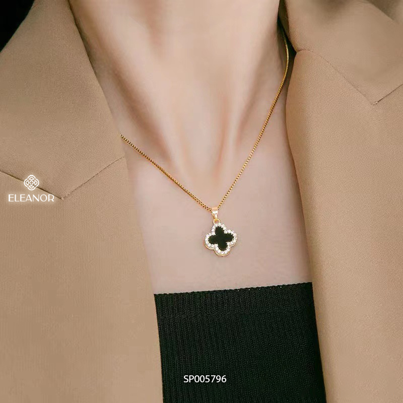 Dây chuyền nữ titan Eleanor Accessories lật mặt hình cỏ bốn lá hai màu đính đá phụ kiện trang sức 5796