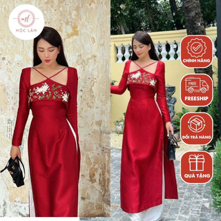 Áo dài cách tân nữ cổ yếm tay bồng chất liệu tafta chuẩn form cao cấp -  áo dài Mộc Lâm - AD29