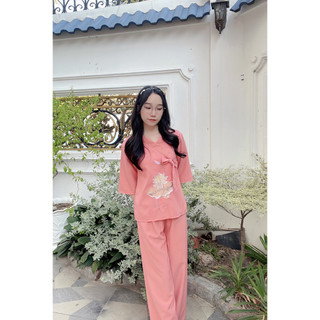 SET ĐỒ LAM ĐI CHÙA PHỐI HOA SEN THÊU CAO CẤP mã D6