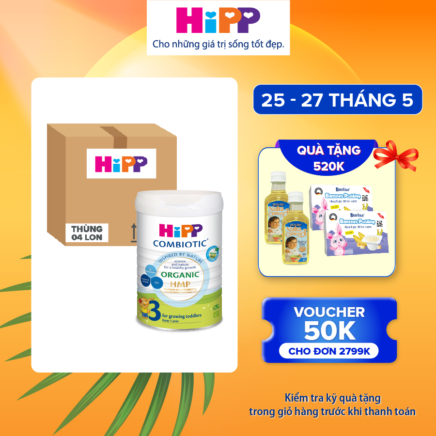 Thùng 4 lon Sữa bột công thức HiPP 3 Organic Combiotic 800g hỗ trợ tiêu hóa và tăng chiều cao 