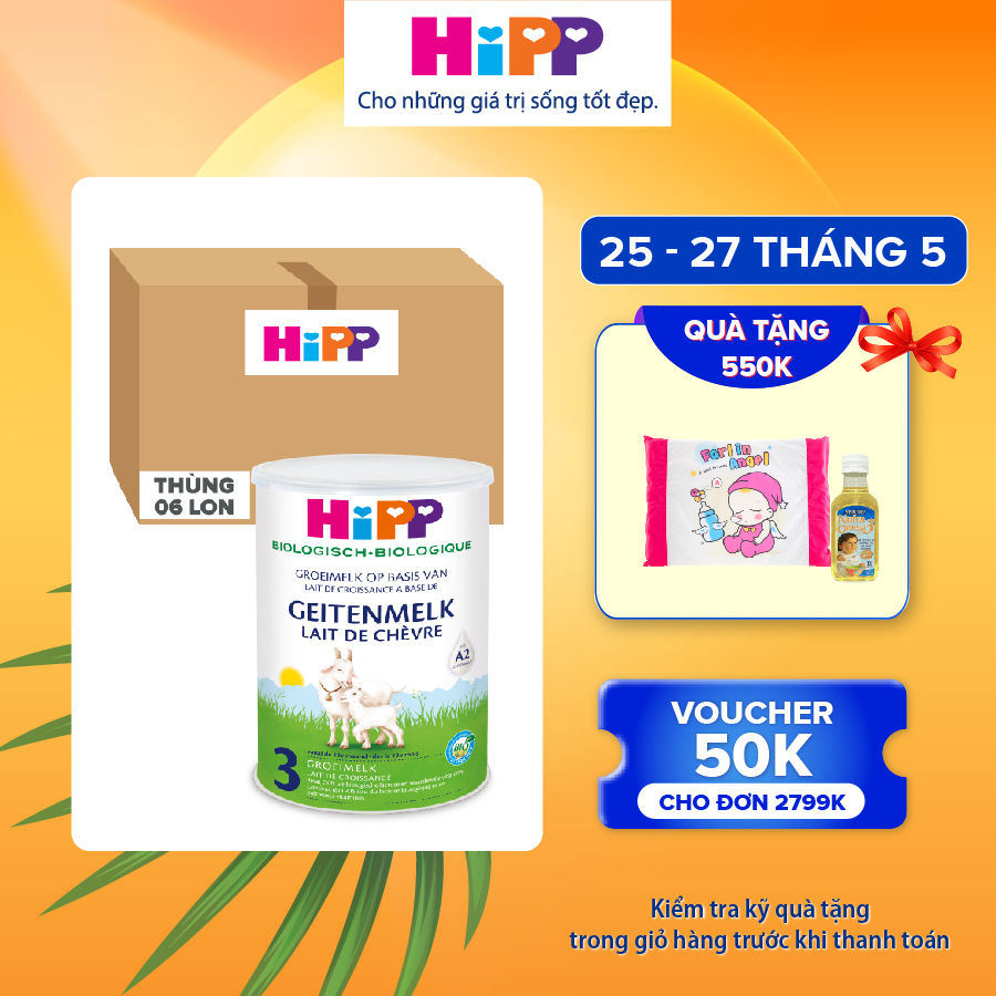 Thùng 6 lon sữa dê HiPP 3 Organic 400g - Nhập khẩu Đức, giúp bé phát triển chiều cao, trí não, tăng cường hấp thu