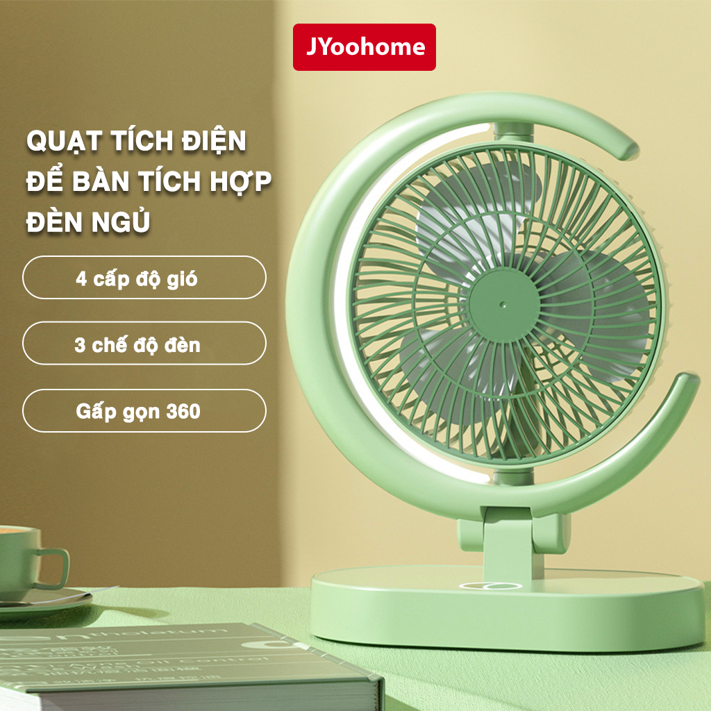 Quạt Để Bàn Mini Jyoohome Pin Khủng Tích Hợp Đèn Ngủ Quạt Tích Điện 4 Tốc Độ Gió, Quạt Sạc Động Cơ Không Tiếng Ồn