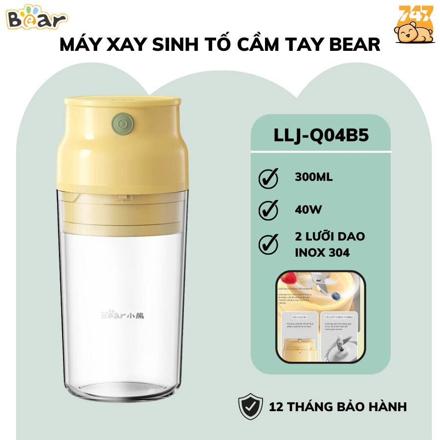 Máy Xay Sinh Tố Hoa quả cầm tay Bear LLJ-Q04B5/Q03H7/Q04H6 mini tích điện,CS-40W, Sạc Pin, 300ML, Bảo hành 12 tháng