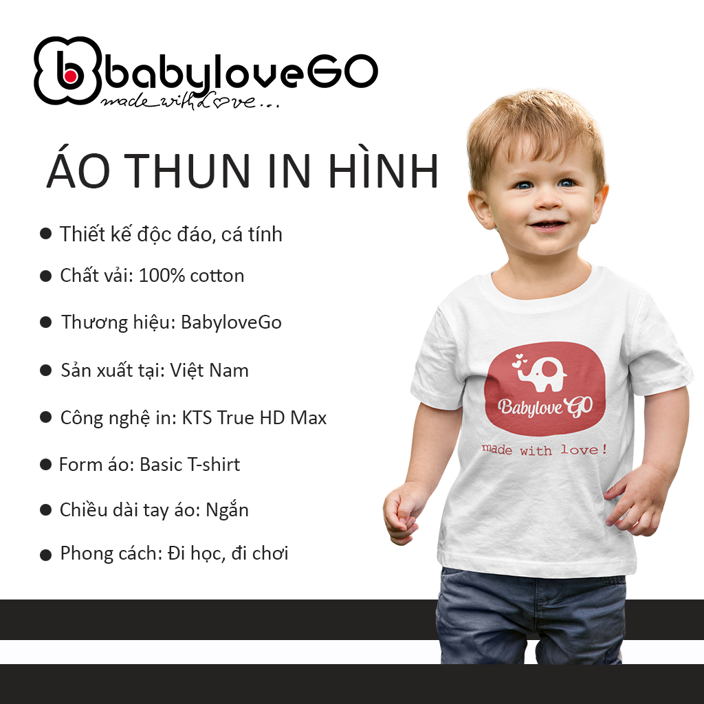 Áo bé trai cộc tay BabyloveGO mẫu mới 2024 áo phông in hình độc đáo chất cotton thoáng mát