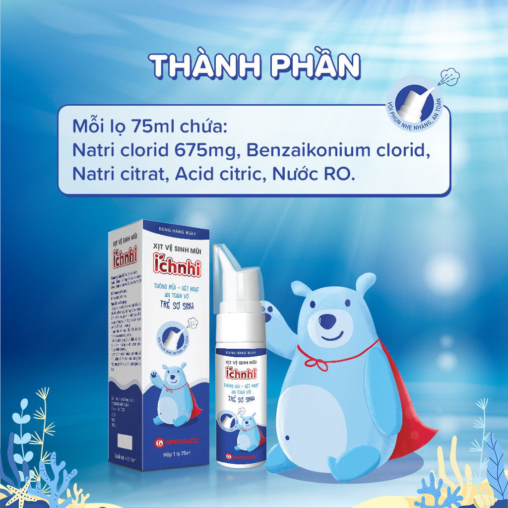 Xịt vệ sinh mũi Ích Nhi 75ml, phòng ngừa sổ mũi, ngạt mũi và viêm xoang, an toàn cho trẻ sơ sinh và trẻ nhỏ