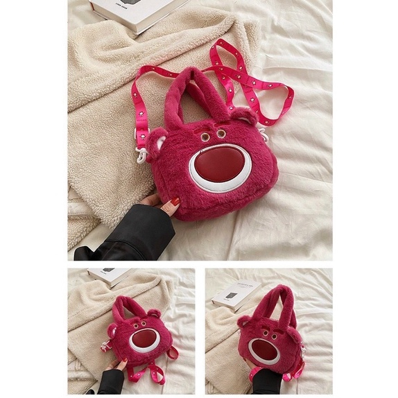 Túi Gấu Dâu Lotso - Túi Xách, Đeo Chéo Gấu Dâu Mini Vuông Cầm Tay 2 Mặt Dễ Thương Giá Rẻ Saka