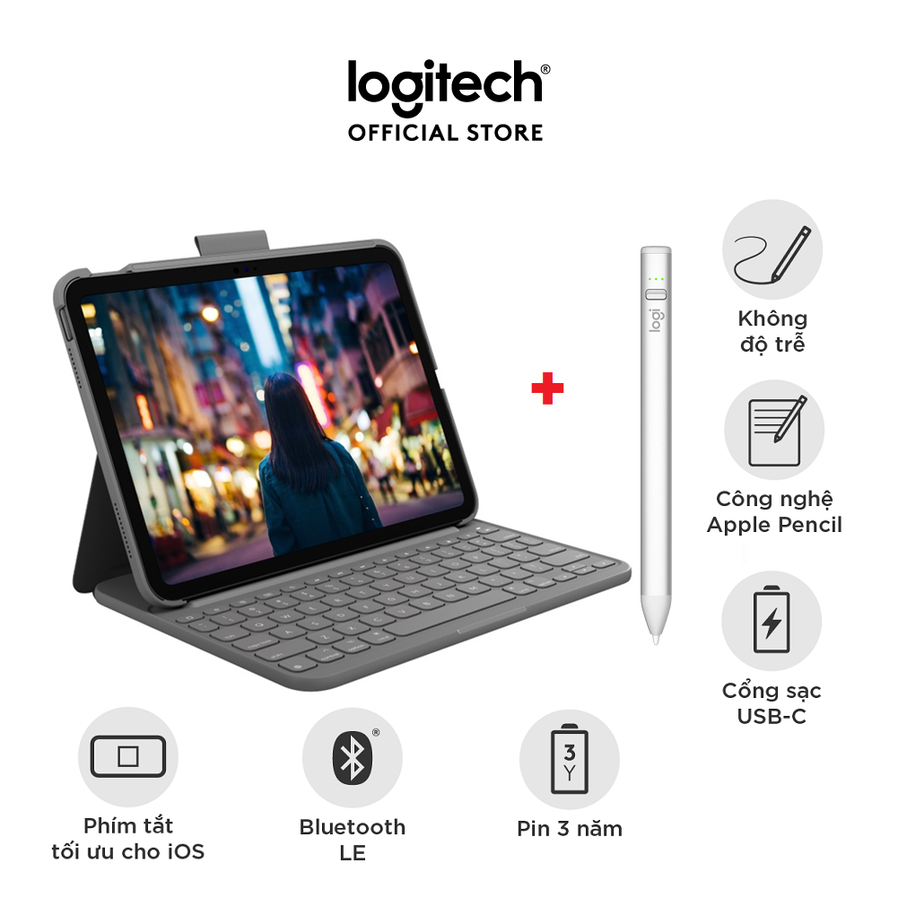 Bao da kèm phím Logitech Slim Folio dành cho iPad Gen 10 (10.9 inch) &amp; Bút cảm ứng Logitech Crayon Kỹ Thuật số