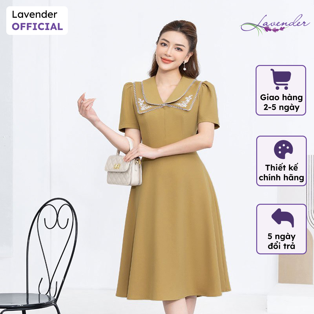 Đầm công sở thiết kế LAVENDER dáng xòe phối cổ lá thêu hoa cao cấp D2448