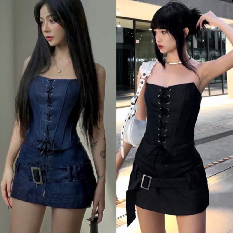SET ÁO CROPTOP ỐNG ĐAN DÂY KÈM CHÂN VÁY (KÈM VIDEO HÌNH THẬT)
