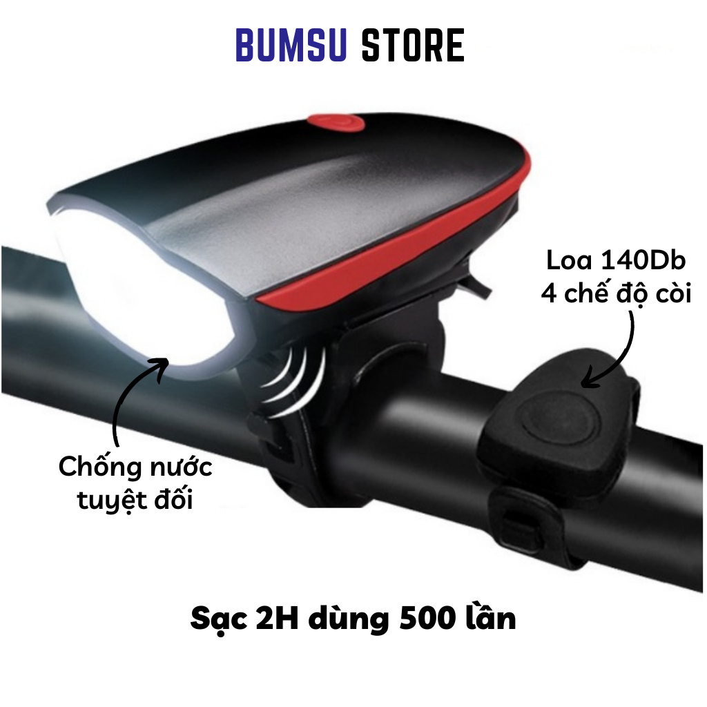 Đèn xe đạp thể thao 3 chế độ led siêu sáng có còi to pin sạc USB chống nước cao cấp