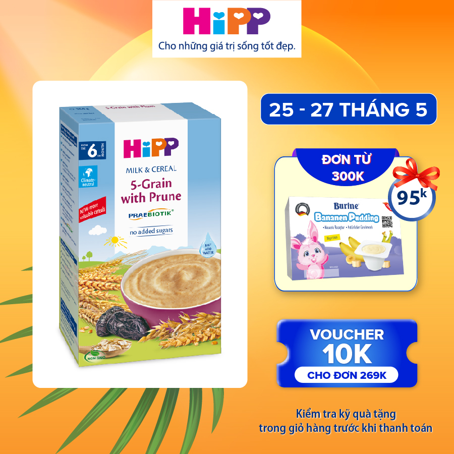 Bột ăn dặm dinh dưỡng Sữa, Ngũ cốc hoa quả tổng hợp - Mận Tây HiPP Organic 250g