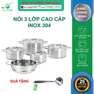 Bộ nồi bếp từ 3 lớp đáy liền khối inox 304 cao cấp Fivestar Plus 5 món nắp inox , dùng được mọi bếp