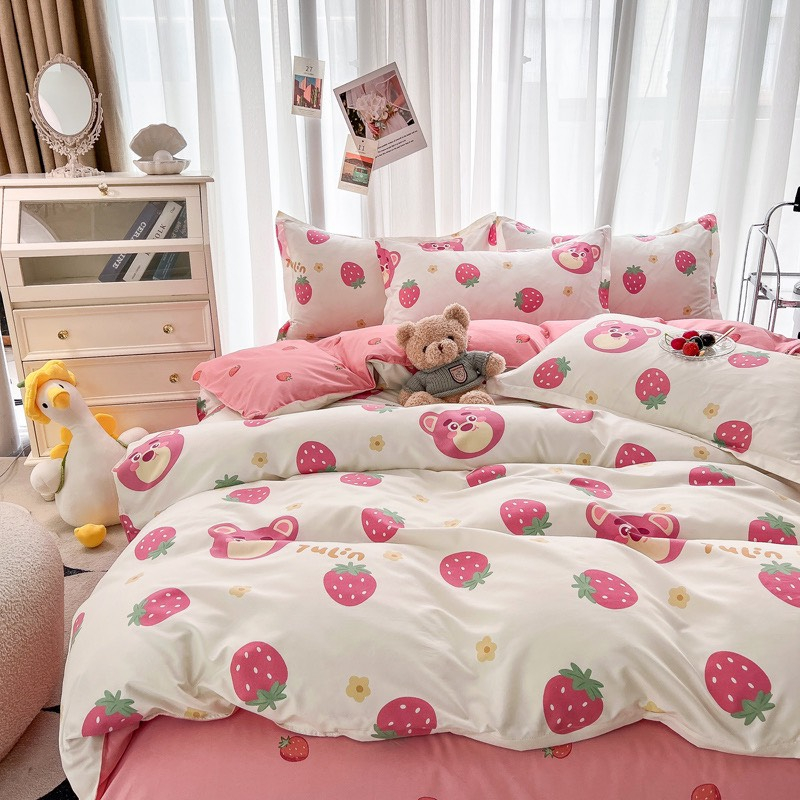 Bộ chăn ga gối cao cấp ETAMI cotton gấu lotso dâu cute miễn phí bo chun drap giường ga trải giường(chưa kèm ruột)