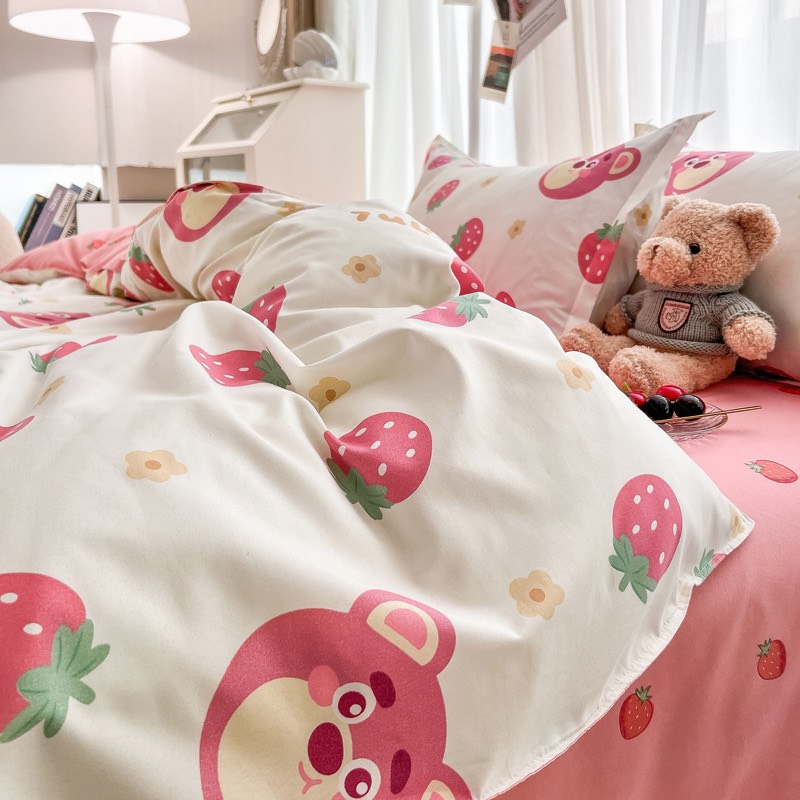 Bộ chăn ga gối cao cấp ETAMI cotton gấu lotso dâu cute miễn phí bo chun drap giường ga trải giường(chưa kèm ruột)