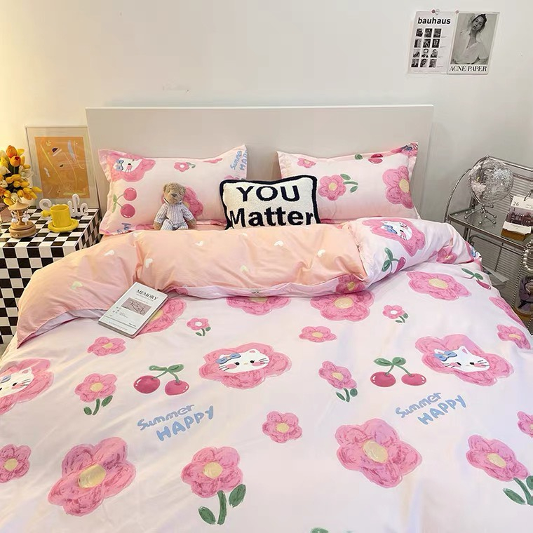 Bộ chăn ga gối cao cấp ETAMI cotton poly kitty cherry miễn phí bo chun drap giường ga trải giường(chưa kèm ruột)