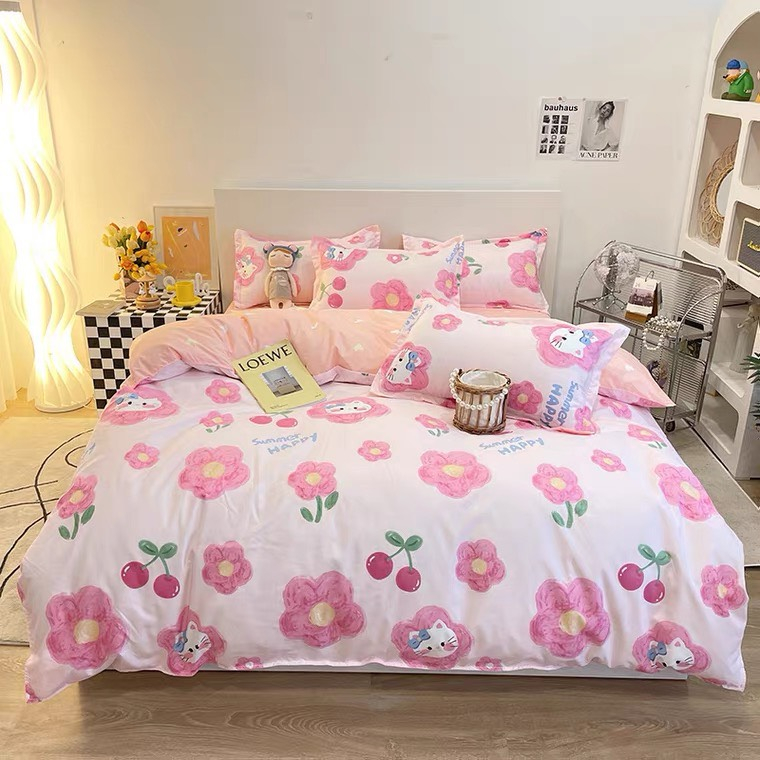 Bộ chăn ga gối cao cấp ETAMI cotton poly kitty cherry miễn phí bo chun drap giường ga trải giường(chưa kèm ruột)