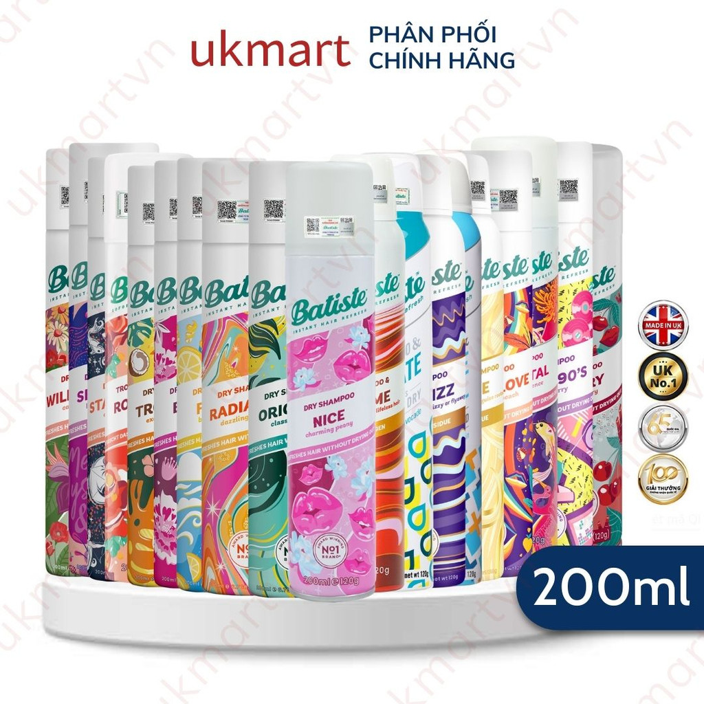Dầu Gội Khô Batiste 200ml, Batiste 50ml Dry Shampoo Gội khô Anh Chính Hãng 100% UK