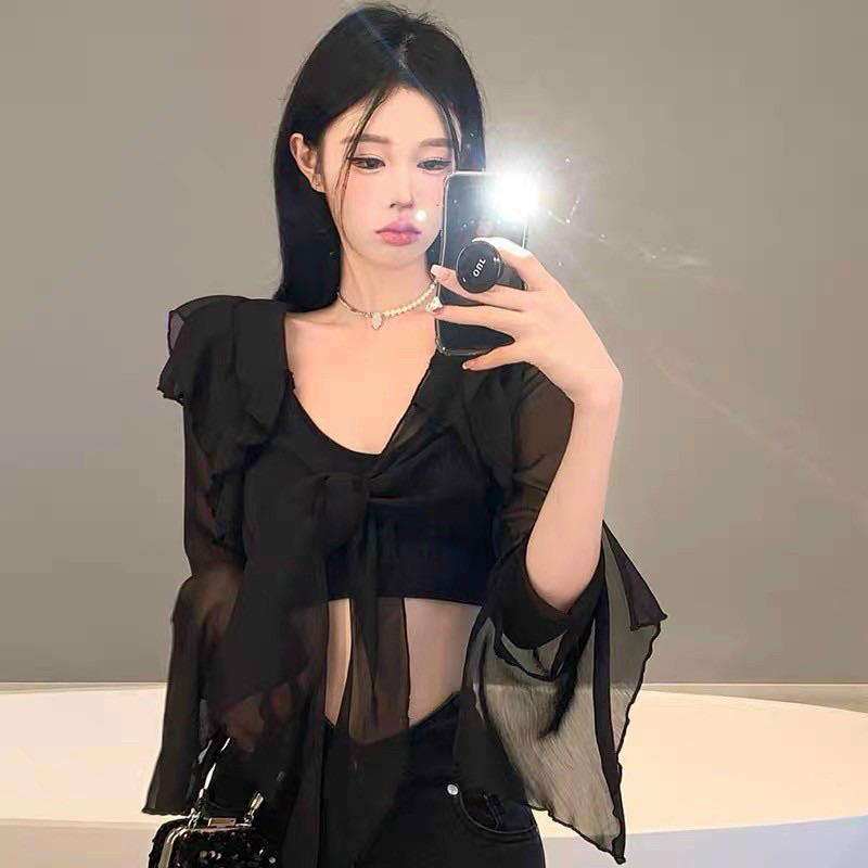 SET ÁO KIỂU CỔ V TUA RUA TAY DÀI KÈM ÁO BRA