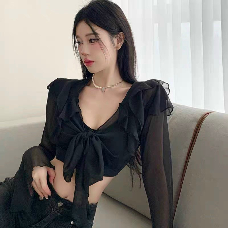 SET ÁO KIỂU CỔ V TUA RUA TAY DÀI KÈM ÁO BRA