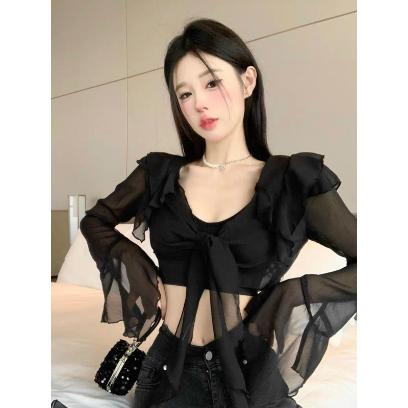 SET ÁO KIỂU CỔ V TUA RUA TAY DÀI KÈM ÁO BRA